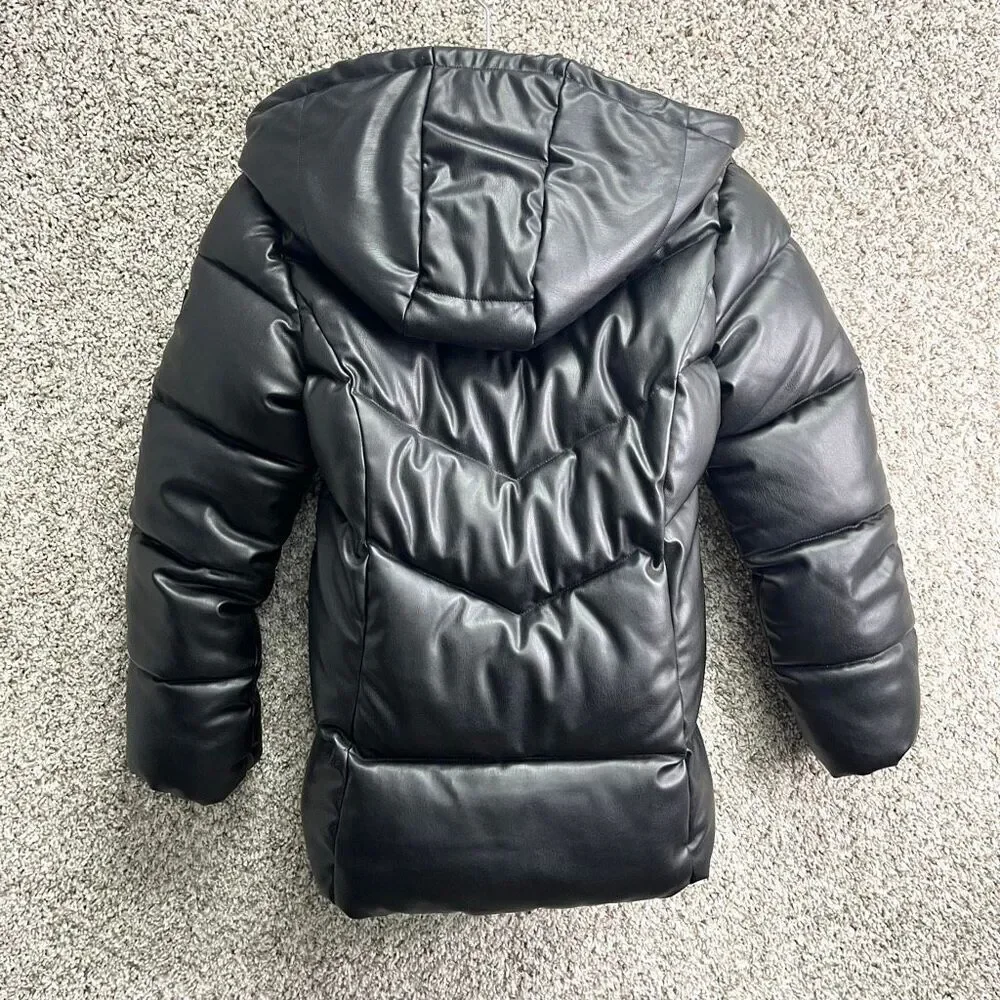 Steve Madden Coat Girls Large 14-16‎ Black Faux Leather Zip Up Puffer with Hood